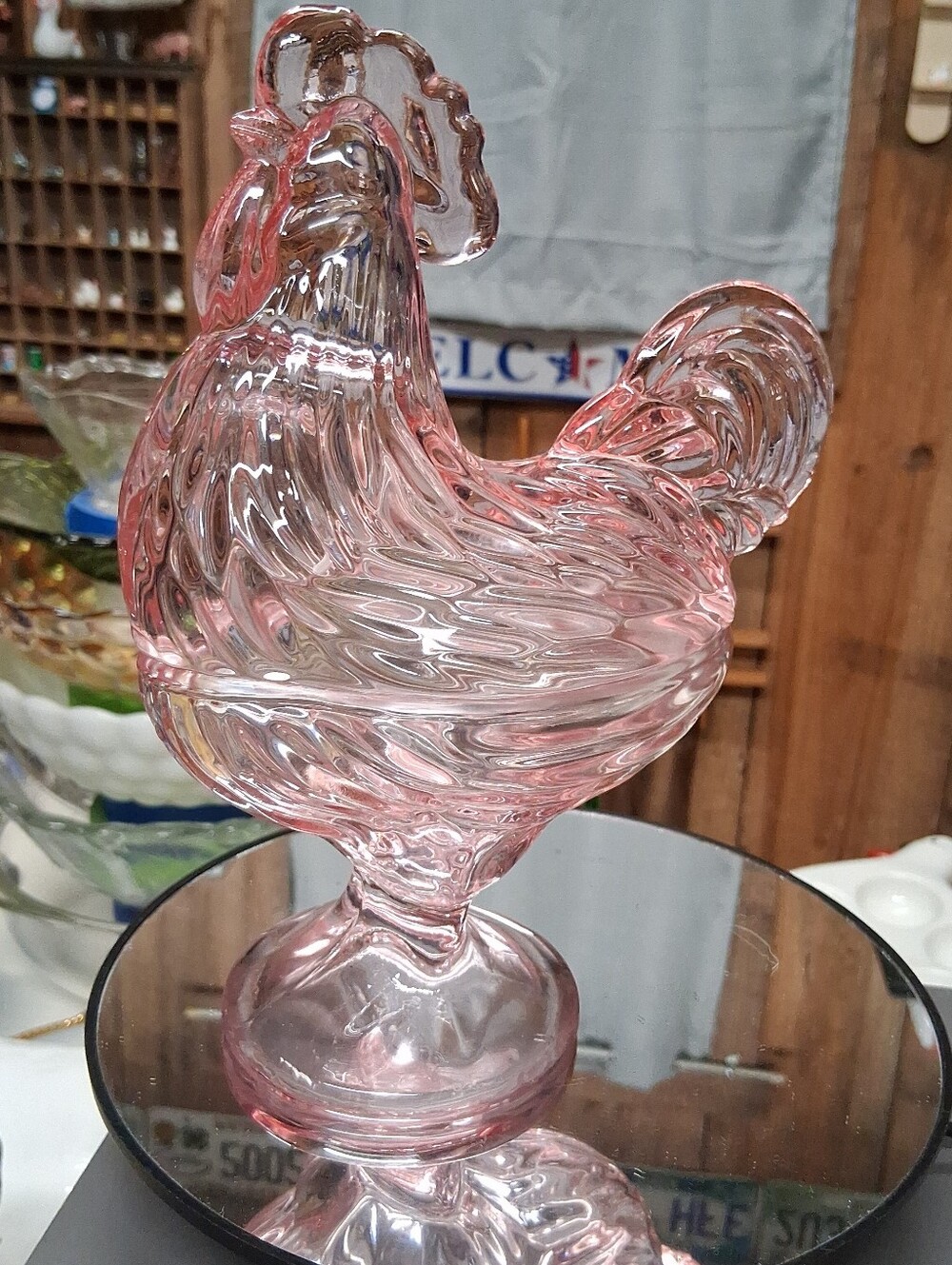 Brilliant Pink Glass Rooster Candy Dish, Standing Rooster, Hen On Nest